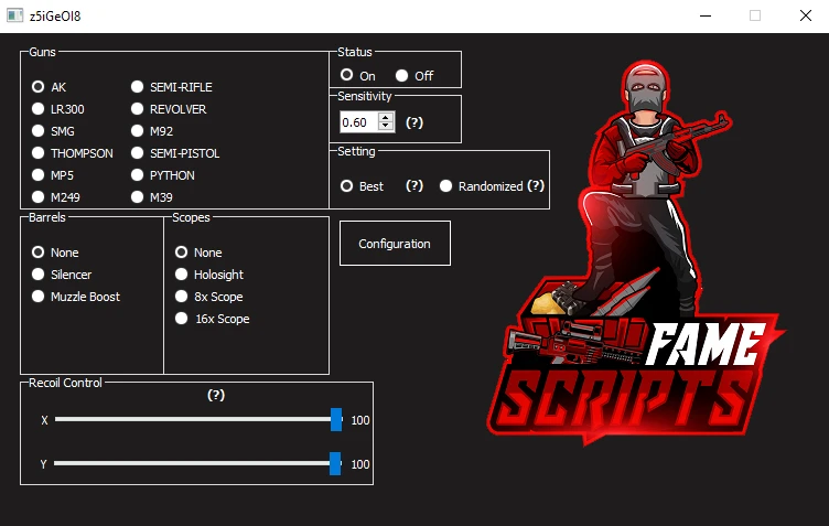 The Fame Scripts window: weapon, barrel and scope selectors, sensitivity setting, and X and Y recoil control sliders
